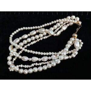 Vintage Multi Strand Faux Baroque Pearl Necklace Cream Gold Tone 18-20"
